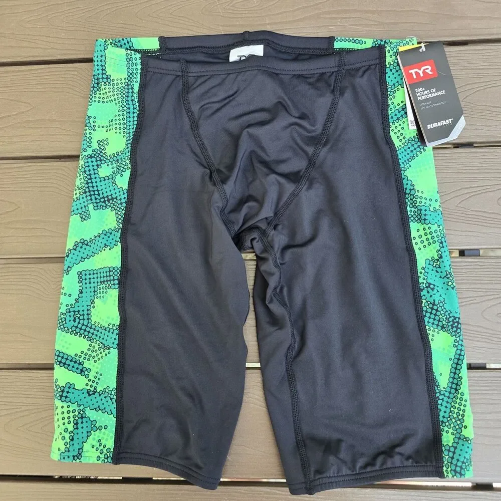 TYR Durafast Lite Vesuvius Mens Black/green Splice Swim Jammer Size 32 New